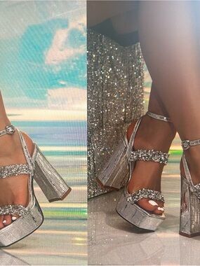 Silver Glitter Platform Block Heel Sandals - Women's Evening Shoes